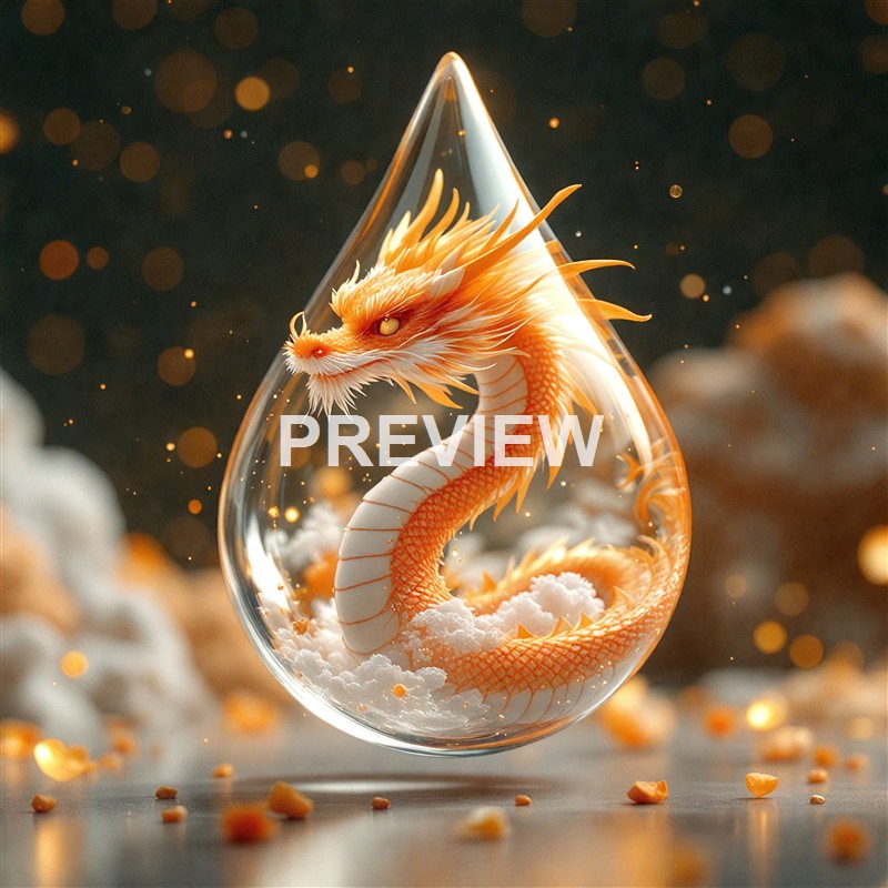 A detailed digital rendering of a fiery orange and white dragon coiled inside a transparent glass teardrop-shaped container, surrounded by glowing particles and a blurred background of clouds or rocks.